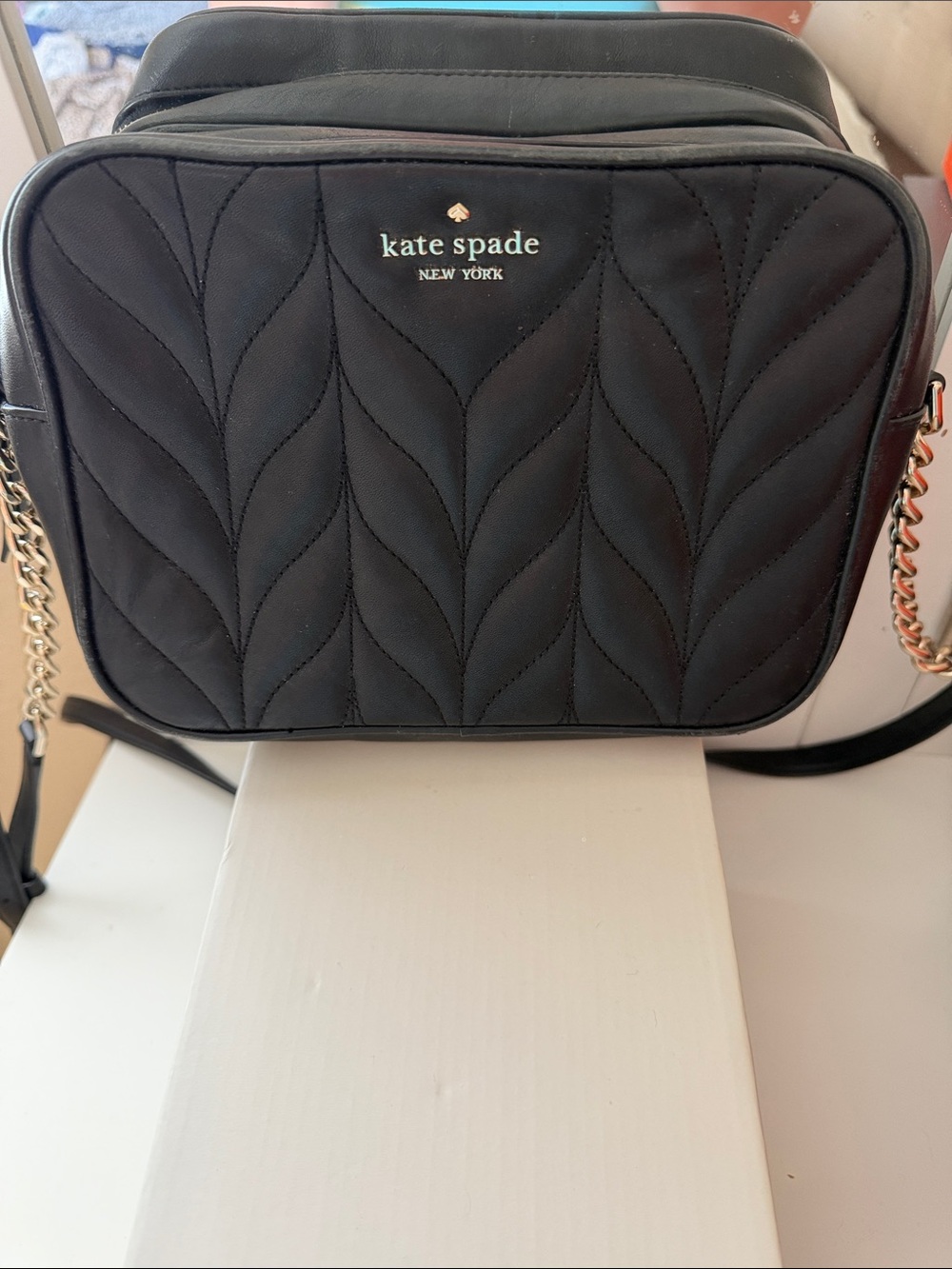 kate spade black quilted crossbody with gold chain